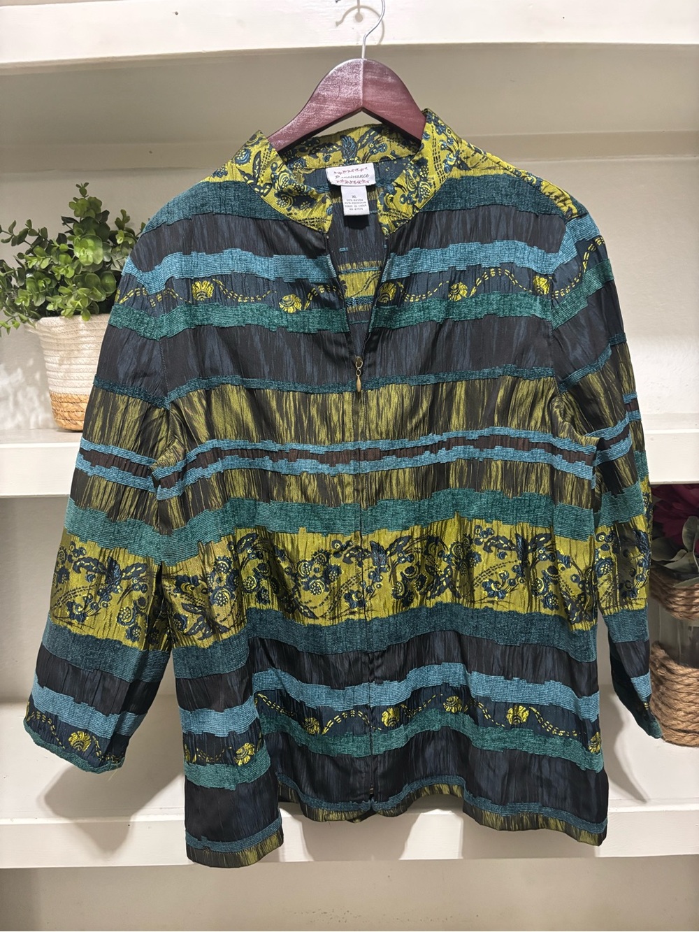 Vintage Striped Crinkle Blazer Jacket in Teal and Olive